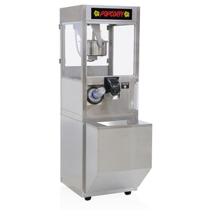 16-ounce popper with self-serve popcorn dispensing button and chute shown on base