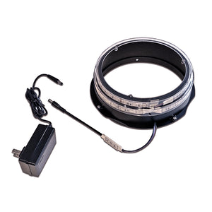 Round LED light kit with two strips of led lights, a cord and controler coming out of the black base, and the plug next to it.