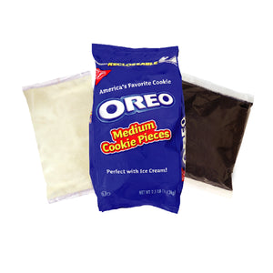 blue bag of Oreo Cookie pieces, clear bag of white crÃ¨me, and clear bag of Oreo base cake