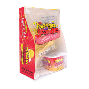 Single self serving nacho kit with a red box, a bag of chips and a cup of cheese.