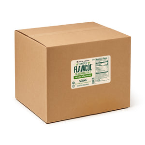 Case of Gold Medal Simply Flavacol Seasoning Salt for popcorn, 50 lb bulk brown box with product label and nutrition facts visible.