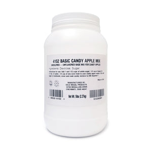 White jar with a white lid. White and black label on the front stating basic candy apple mix.