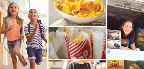 collage of concession foods and kids with backpacks.