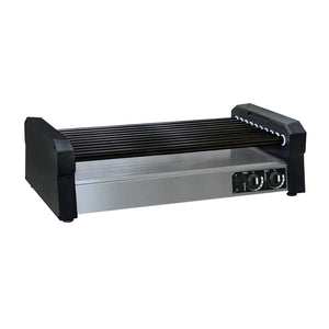 Hot dog roller grill with non-stick black roller bars, stainless steel bottom, black sides and control panel on the front of the machine.