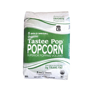 50lb pound of organic tastee pop butterfly popcorn in a white bag with green print.