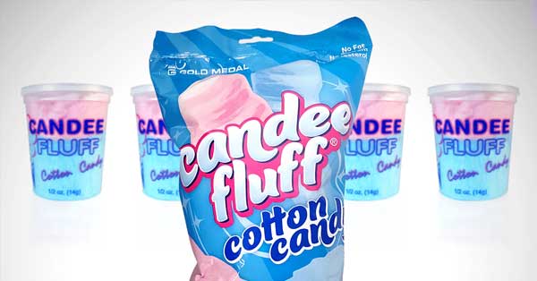 Pre-packaged cotton candy bags by Gold Medal Products that read Candee Fluff on the front