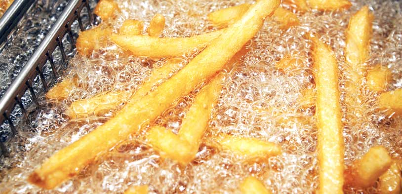 fries in a restaurant style deep fryer surrounded by hot oil