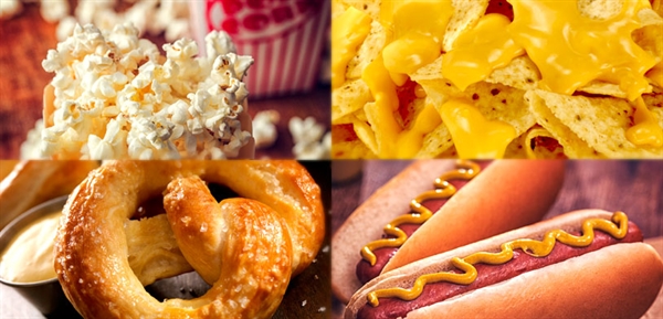 Four staples to concession foods popcorn, pretzels, nachos and hot dogs.