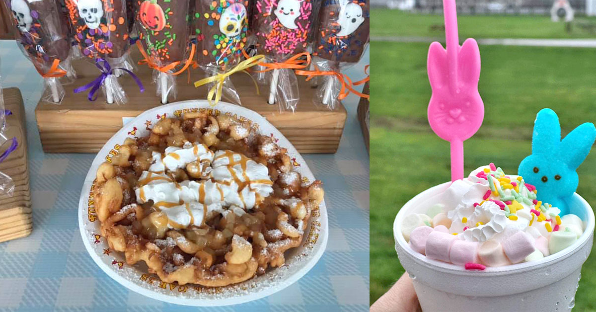 funnel cake with whipped cream and caramel drip on the left side, and hand holding foam cup of ice cream with marshmallows
