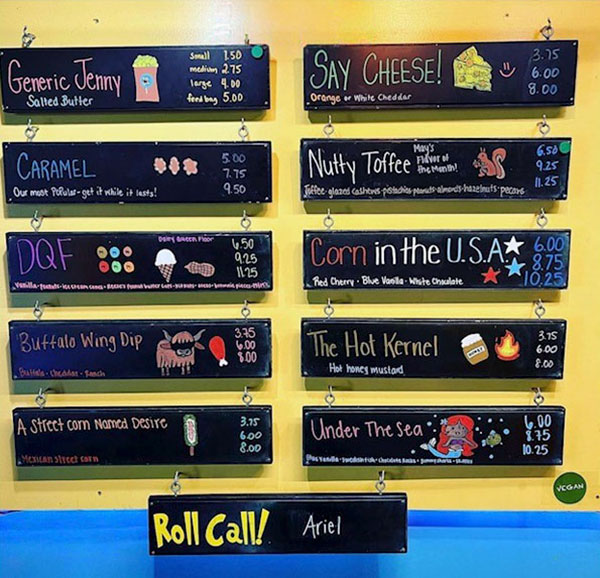 PopLucks unique menu on a wall.