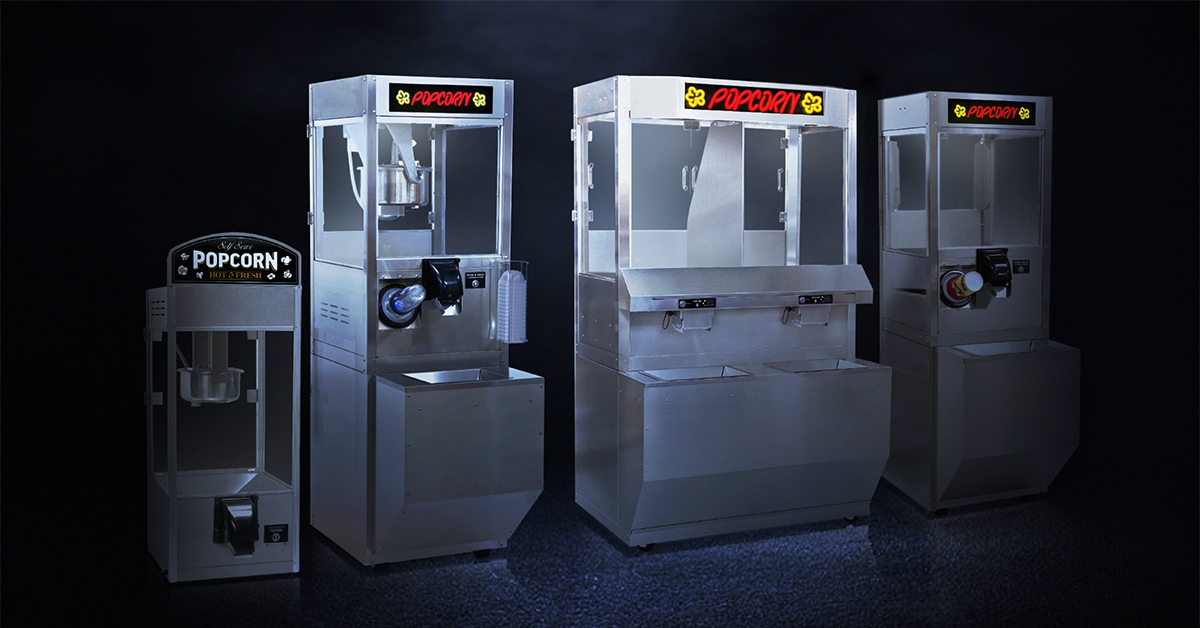 ready series self-serve commercial popcorn machine dispensers lined up on dark background ready series self-serve commercial popcorn machine dispensers lined up on dark background