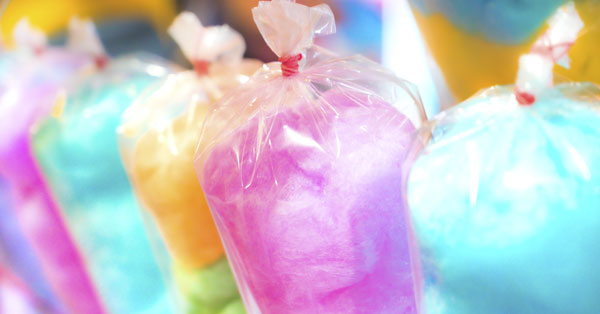 cotton candy flavors in bags lined up in a row
