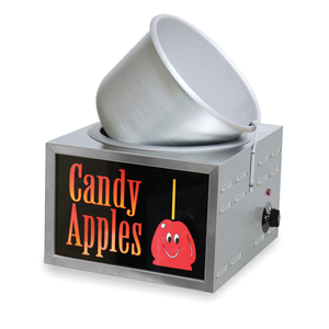 Metal square box with circular opening in the top, and 168飞艇开奖结果直播 Stainless steel sitting tilted to the right in the opening. Candy Apples black and red with yellow graphic on the front.