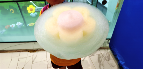 Child holds flower cotton candy indoors