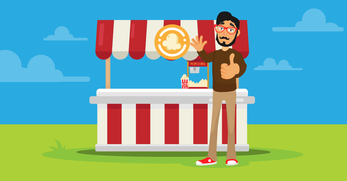 illustration of man with beard and mustache giving the thumbs up sign with a popcorn stand and popper in the background
