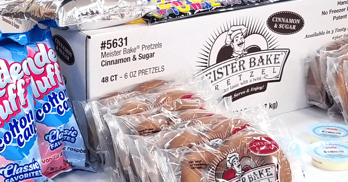 concession supplies consisting of candee fluff cotton candy bags, meister bake soft pretzels and vanilla pretzel dip