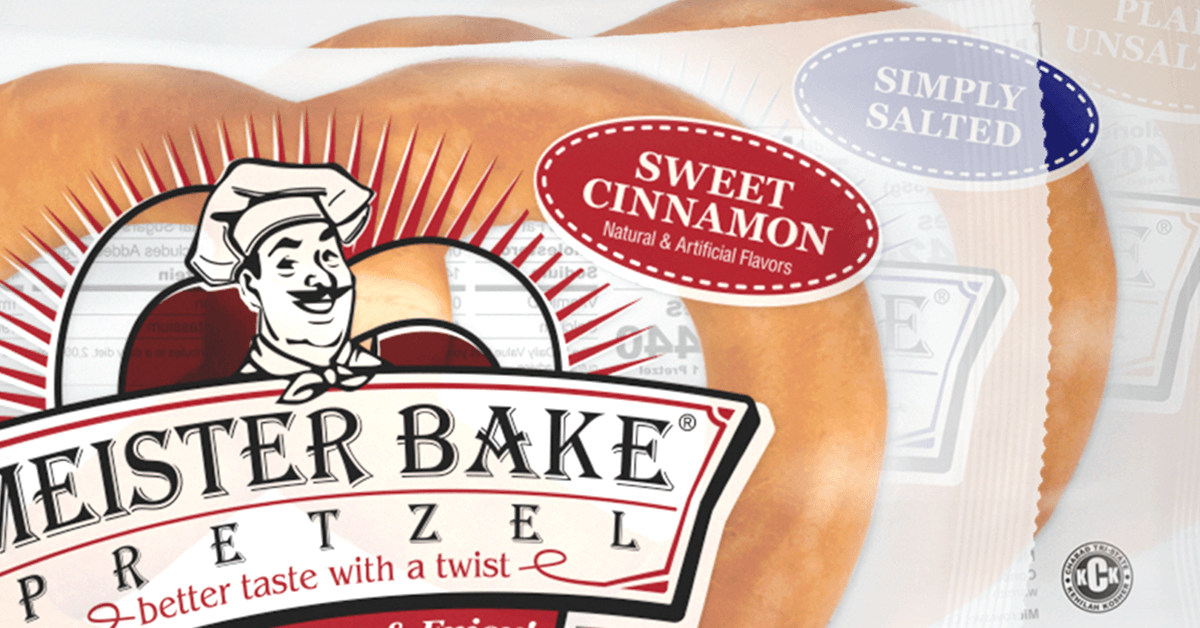 prepackaged Meister Bake sweet cinnamon and simply salted soft pretzels in a plastic flim prepackaged Meister Bake sweet cinnamon and simply salted soft pretzels in a plastic flim