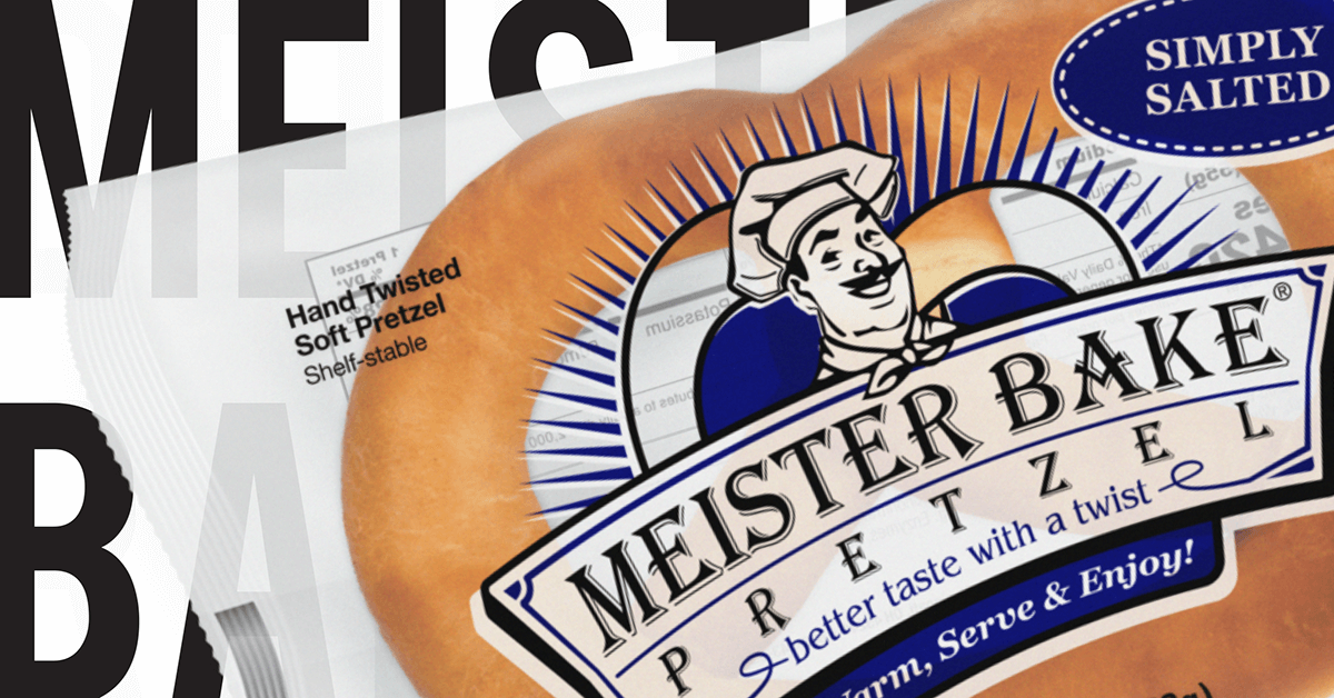 Meister Bake simply salted soft pretzel in plastic film with MEISTER BAKE text in the background