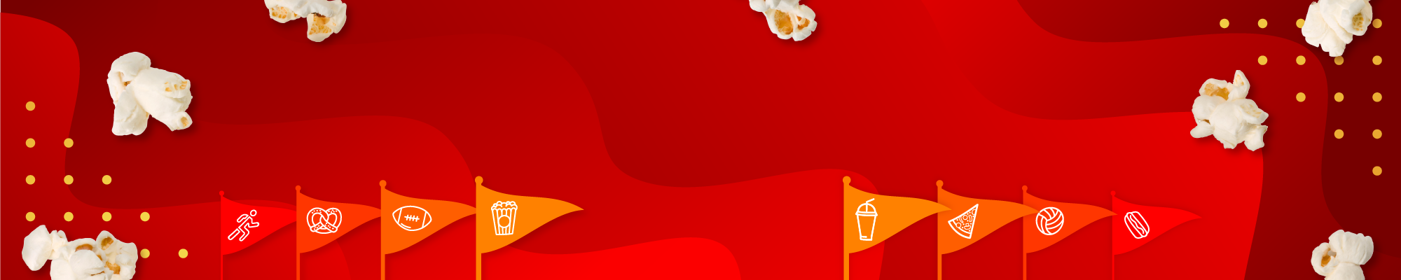Red background with popcorn and fun food pennants highlighting school 幸运168飞艇开奖直播号码查询 Concession icons such as popcorn, drinks, pretzels, and sports for game days and fundraising.