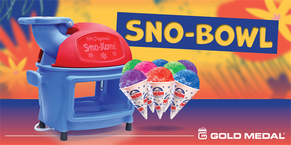 Colorful Sno-Kones displayed in front of a compact blue and red Sno-Bowl machine by Gold Medal.