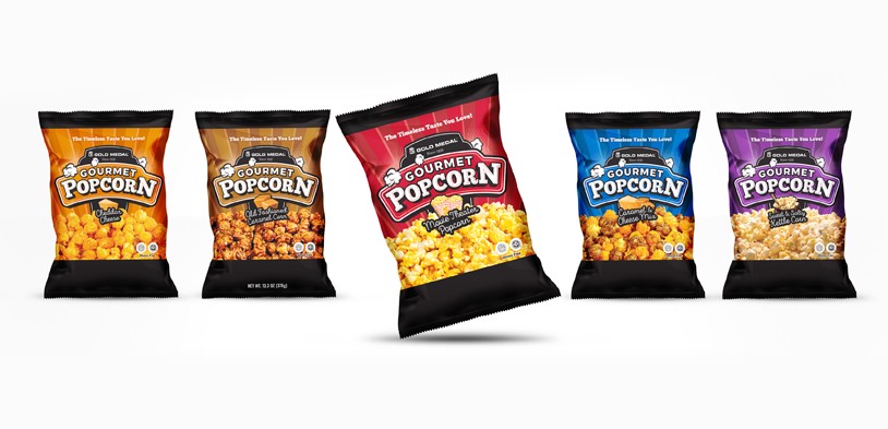 Gold Medal Gourmet Popcorn showing various flavors