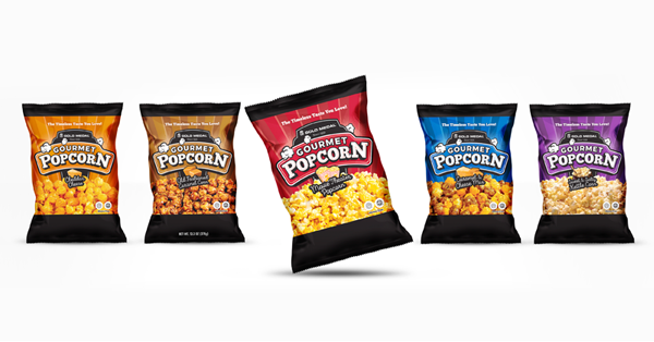 different bags of gourmet popcorn pre-packaged.